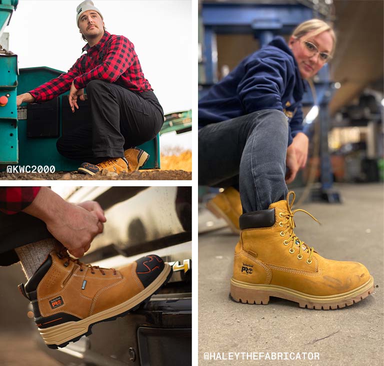 Image collage of a close-up work boot being laced up on a truck's rear bumper, a man in one picture wearing a black and plaid flannel and wheat work boots while crouched outside in dirt, and a blond woman in blue hoodie crouched on the floor of a warehouse with a prominent wheat work boot in the foreground.