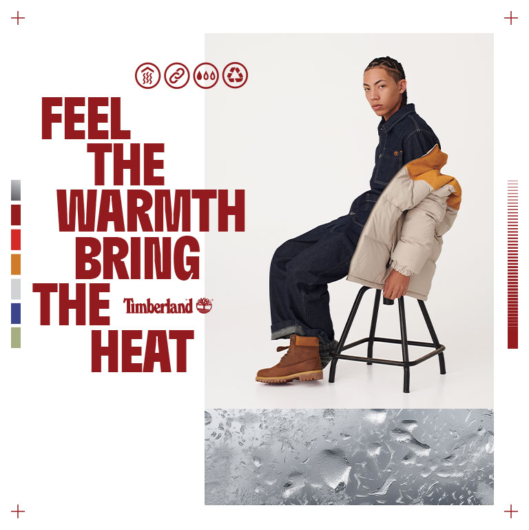Image collage of a young man sitting in a chair, with Timberland brown boots and a white puffer jacket half on and draped, plus product shots of the white puffer jacket and the boot against a white wintery background.