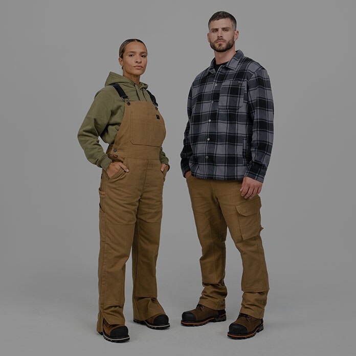 Timberland Holiday Gift Guide image of a man and a woman wearing Timberland PRO apparel and boots