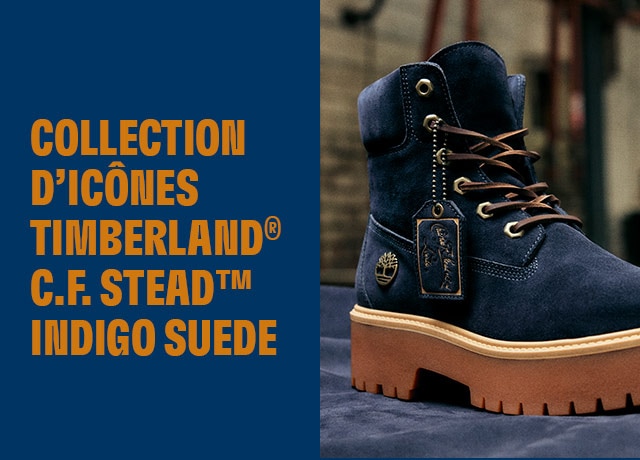 Blue Suede Timberland boot sitting on a swatch of blue suede with the text that reads: C.F. STEAD INDIGO SUEDE COLLECTION