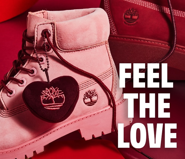 Timberland Pink Valentine's Day boot with FEEL THE LOVE text