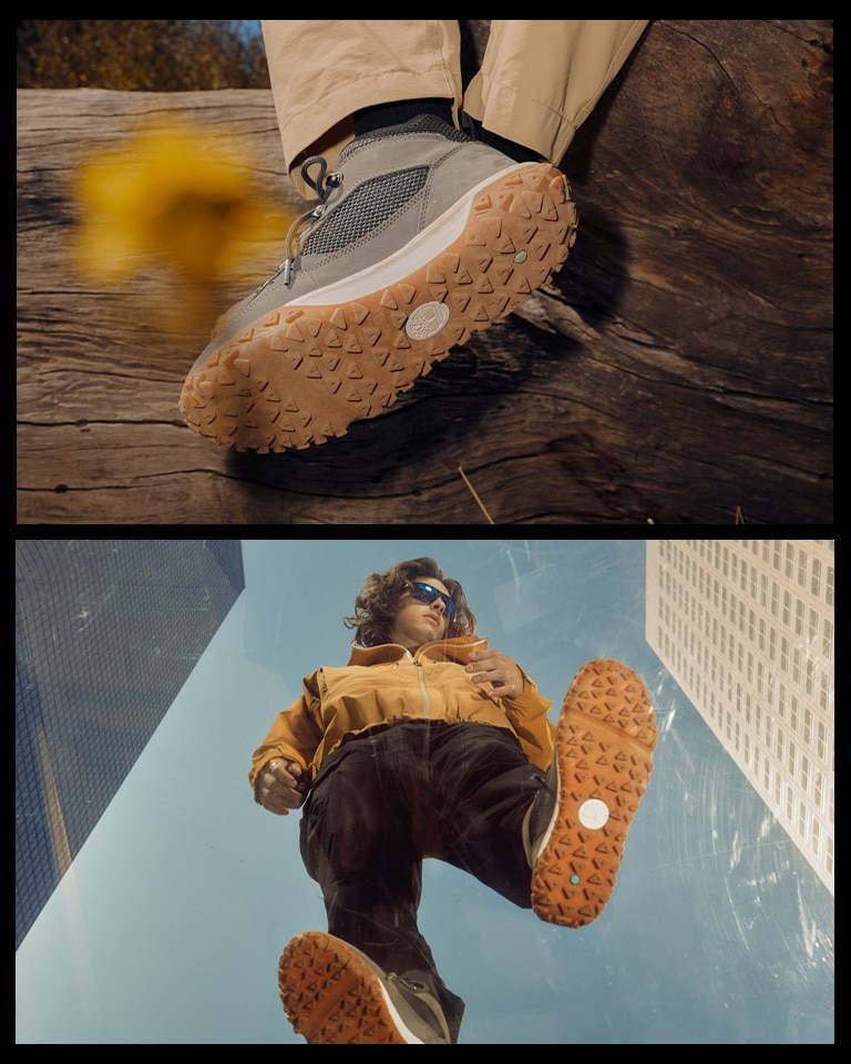 Image collage of the same gray Timberland hiking boot in two different places. One shows the boot from the side being worn against a fallen log by a man in khaki pants from the calf down; the second image shows a man from below, standing on a glass platform to show off the lug outsoles of the boots, in the city against tall buildings and blue sky.