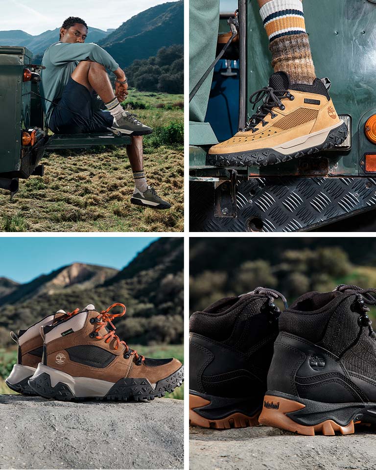 Image of white Timberland brown hiking boots on a rock with green hills in the background. Image of black Timberland hiking boots on a rock with green hills in the background. Image of wheat Timberland hiking boots with black outsoles stepping up into a green pickup truck on the running board. Image of a man sitting on a truck tailgate out in a green valley, leg dangling, wearing olive green Timberland hiking shoes with black and white outsoles, navy shorts and a light blue long sleeved shirt.